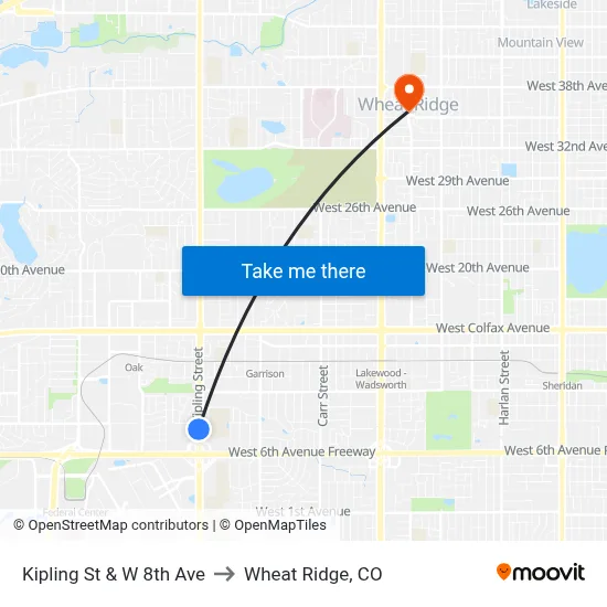 Kipling St & W 8th Ave to Wheat Ridge, CO map