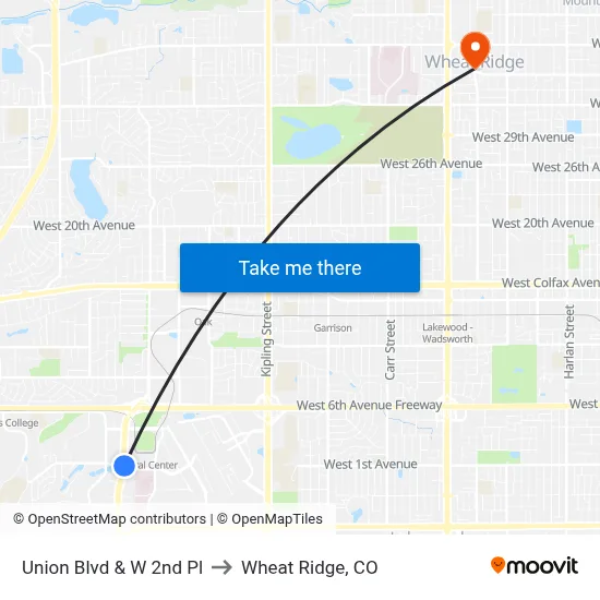 Union Blvd & W 2nd Pl to Wheat Ridge, CO map