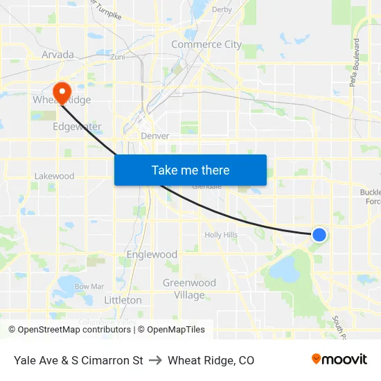 Yale Ave & S Cimarron St to Wheat Ridge, CO map