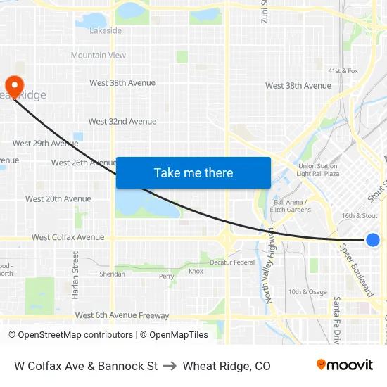 W Colfax Ave & Bannock St to Wheat Ridge, CO map