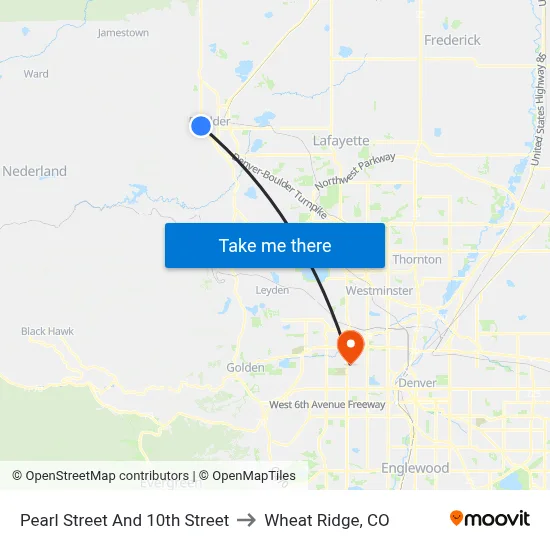Pearl Street And 10th Street to Wheat Ridge, CO map