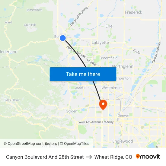 Canyon Boulevard And 28th Street to Wheat Ridge, CO map