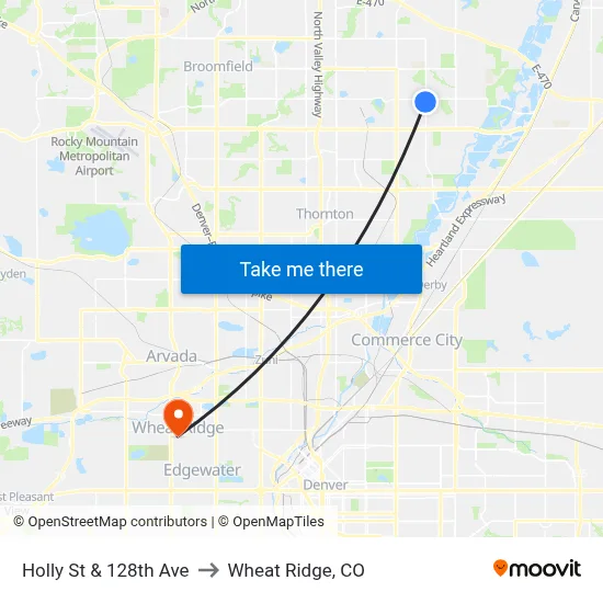Holly St & 128th Ave to Wheat Ridge, CO map