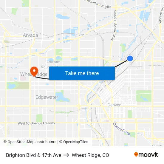 Brighton Blvd & 47th Ave to Wheat Ridge, CO map