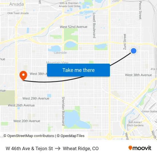 W 46th Ave & Tejon St to Wheat Ridge, CO map