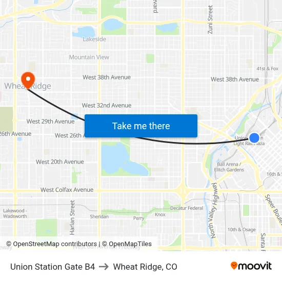 Union Station Gate B4 to Wheat Ridge, CO map