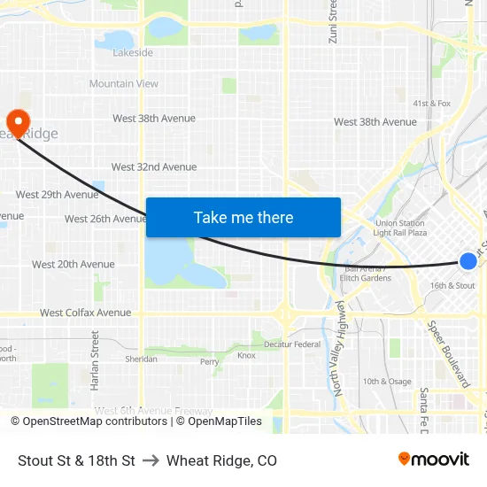 Stout St & 18th St to Wheat Ridge, CO map