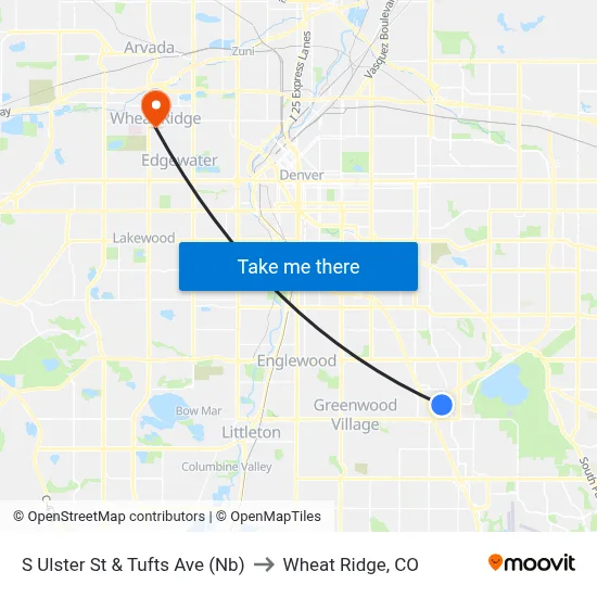 S Ulster St & Tufts Ave (Nb) to Wheat Ridge, CO map