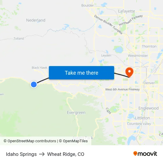 Idaho Springs to Wheat Ridge, CO map