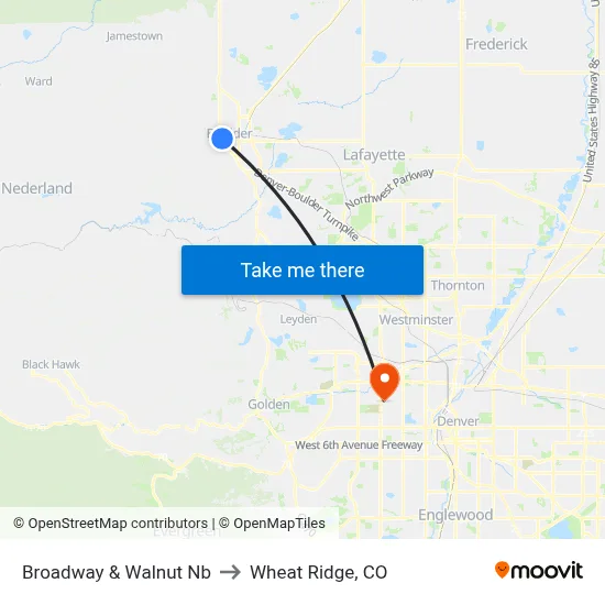 Broadway & Walnut Nb to Wheat Ridge, CO map