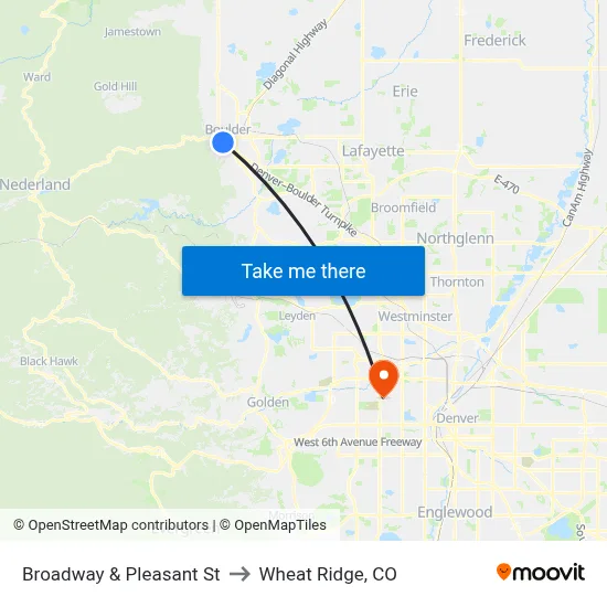 Broadway & Pleasant St to Wheat Ridge, CO map
