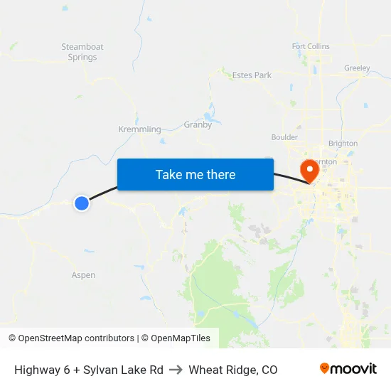 Highway 6 + Sylvan Lake Rd to Wheat Ridge, CO map