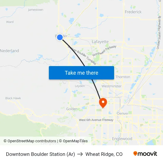 Downtown Boulder Station (Ar) to Wheat Ridge, CO map