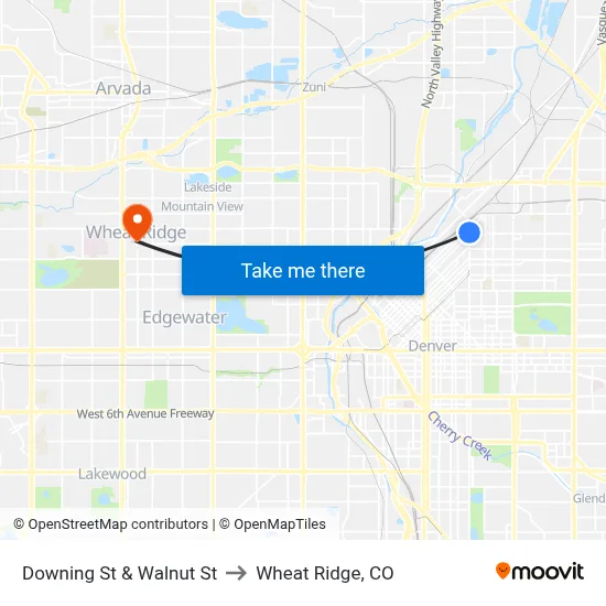 Downing St & Walnut St to Wheat Ridge, CO map