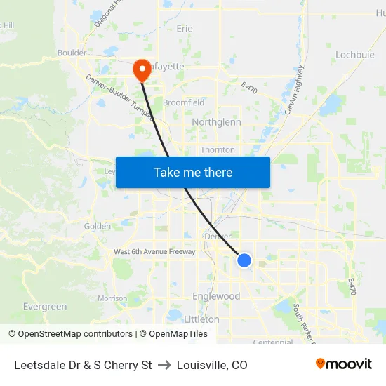Leetsdale Dr & S Cherry St to Louisville, CO map