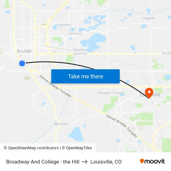 Broadway And College - the Hill to Louisville, CO map