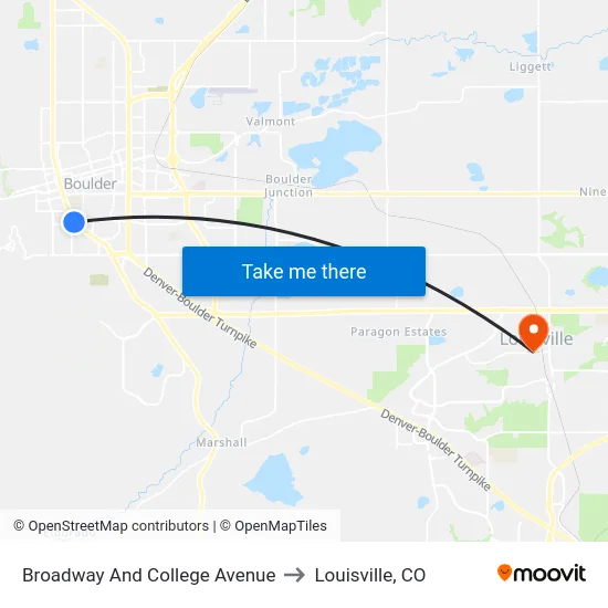Broadway And College Avenue to Louisville, CO map