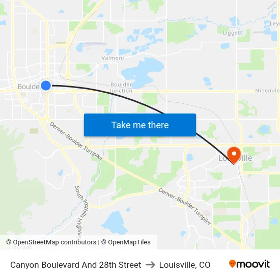 Canyon Boulevard And 28th Street to Louisville, CO map