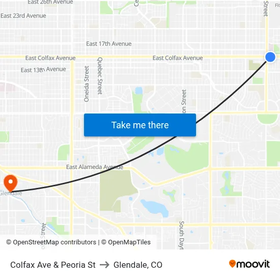 Colfax Ave & Peoria St to Glendale, CO map