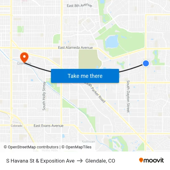 S Havana St & Exposition Ave to Glendale, CO map