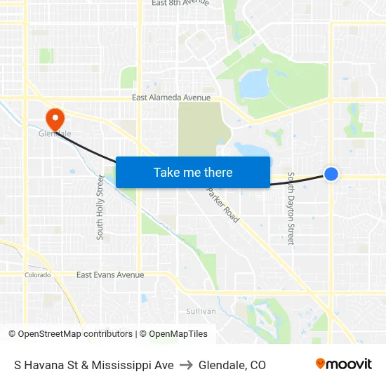S Havana St & Mississippi Ave to Glendale, CO map