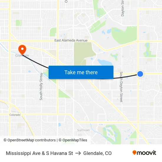 Mississippi Ave & S Havana St to Glendale, CO map
