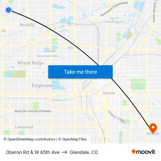 Oberon Rd & W 65th Ave to Glendale, CO map