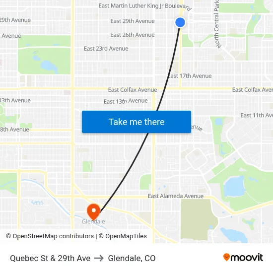 Quebec St & 29th Ave to Glendale, CO map