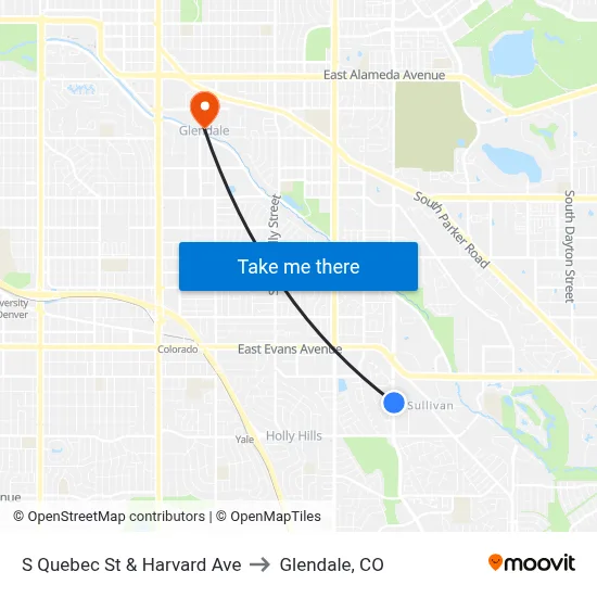 S Quebec St & Harvard Ave to Glendale, CO map
