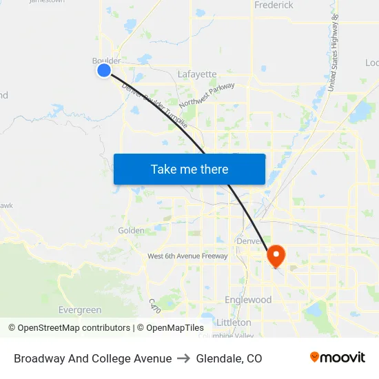Broadway And College Avenue to Glendale, CO map