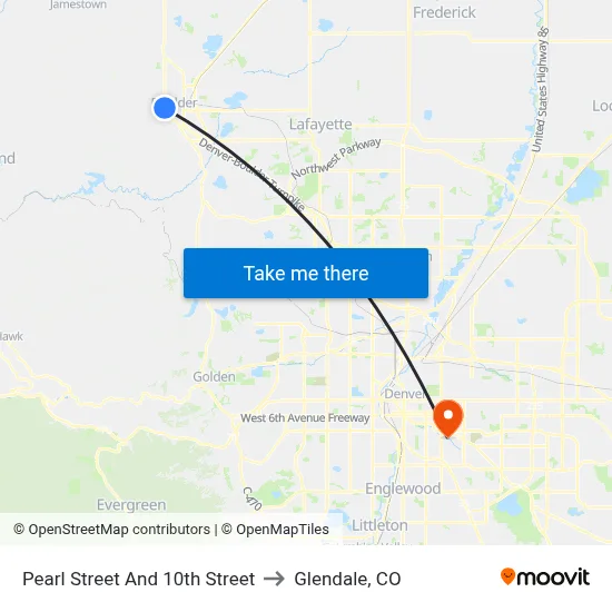 Pearl Street And 10th Street to Glendale, CO map