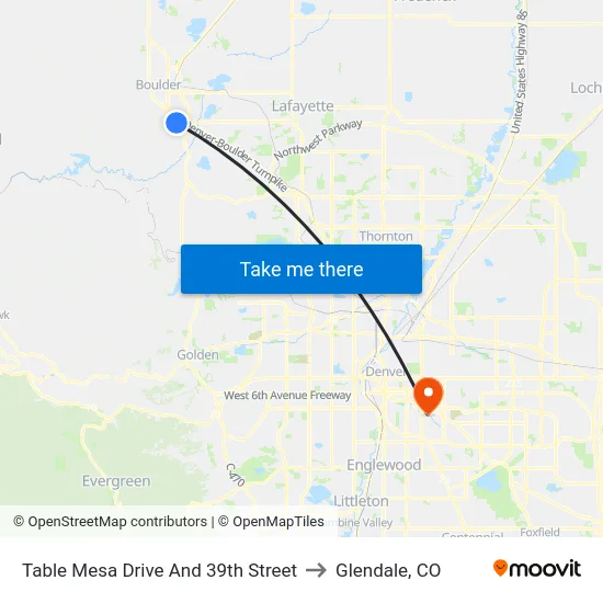 Table Mesa Drive And 39th Street to Glendale, CO map