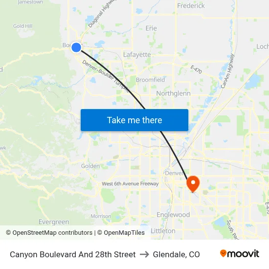 Canyon Boulevard And 28th Street to Glendale, CO map