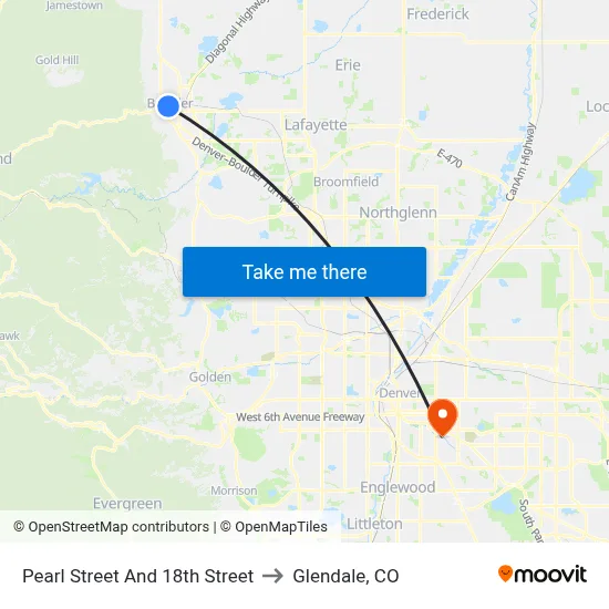 Pearl Street And 18th Street to Glendale, CO map