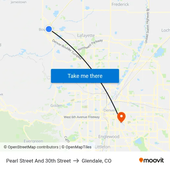 Pearl Street And 30th Street to Glendale, CO map