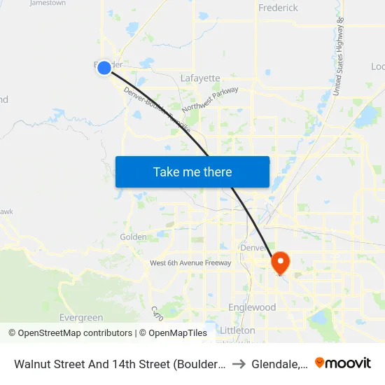 Walnut Street And 14th Street (Boulder Station) to Glendale, CO map
