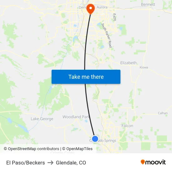 El Paso/Beckers to Glendale, CO map