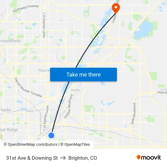 31st Ave & Downing St to Brighton, CO map