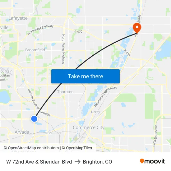 W 72nd Ave & Sheridan Blvd to Brighton, CO map