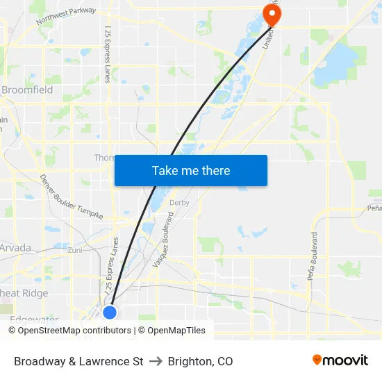 Broadway & Lawrence St to Brighton, CO map