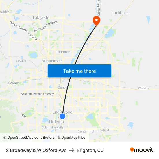 S Broadway & W Oxford Ave to Brighton, CO map