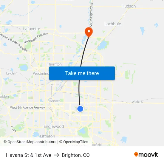 Havana St & 1st Ave to Brighton, CO map