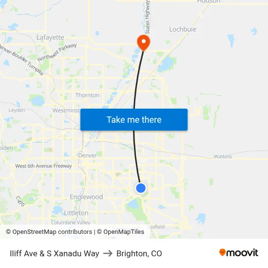 Iliff Ave & S Xanadu Way to Brighton, CO map