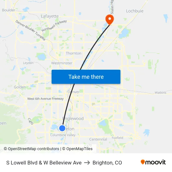 S Lowell Blvd & W Belleview Ave to Brighton, CO map