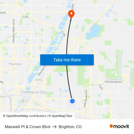 Maxwell Pl & Crown Blvd to Brighton, CO map