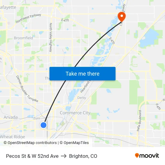 Pecos St & W 52nd Ave to Brighton, CO map