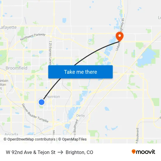 W 92nd Ave & Tejon St to Brighton, CO map