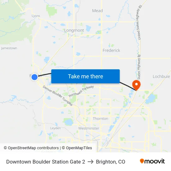 Downtown Boulder Station Gate 2 to Brighton, CO map