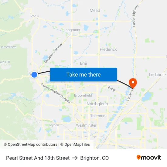 Pearl Street And 18th Street to Brighton, CO map