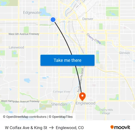 W Colfax Ave & King St to Englewood, CO map